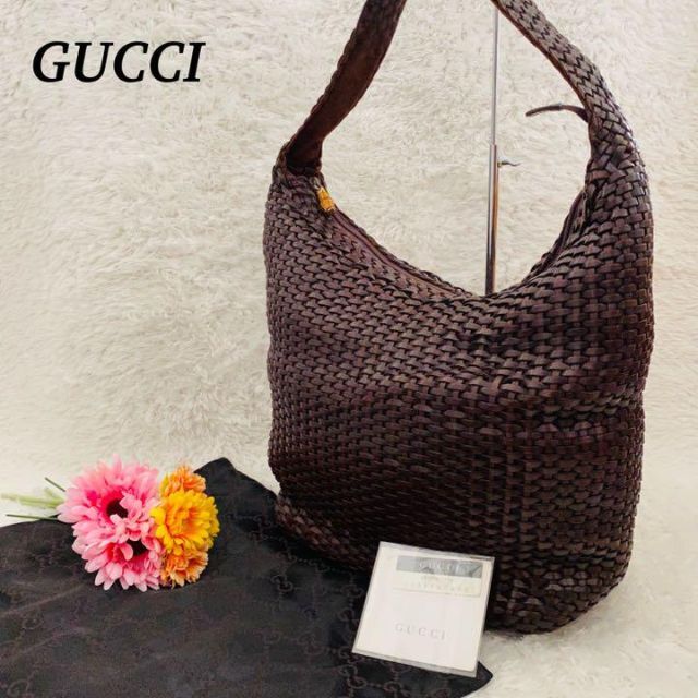 【美品】GUCCI ワンショルダーバッグ バンブー レザー 編み込み