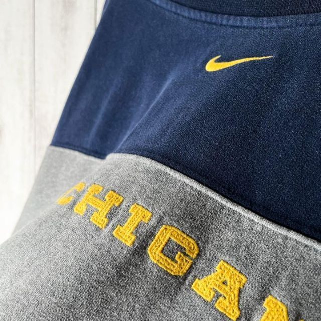 【NCAA XL 90s】ナイキ ミシガン 刺繍ロゴ ラインリブ スウェット 紺