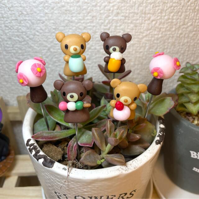ハンドメイド ガーデンピック クマちゃんのお花見ピック 多肉植物 - その他
