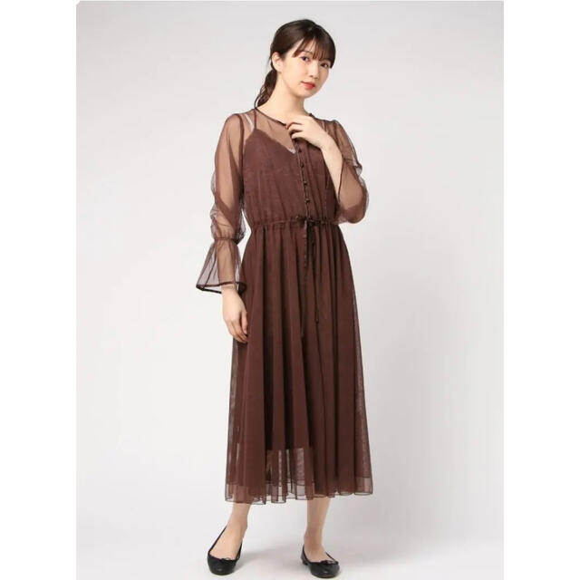 Ameri VINTAGE(アメリヴィンテージ)のAmeri TULLE SEE-THROUGH DRESS ブラウン レディースのワンピース(ロングワンピース/マキシワンピース)の商品写真