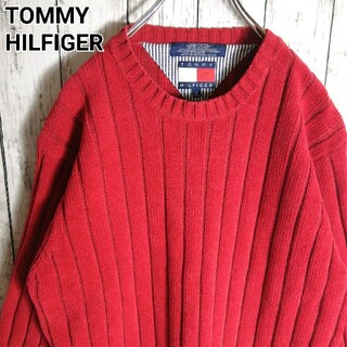 90s トミーヒルフィガー コットンニット刺繍ロゴ フラッグタグ レッド(ニット/セーター)