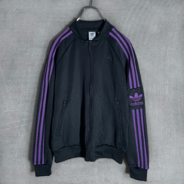 adidas(アディダス)の古着 アディダス adidas トレフォイルロゴトラックジャケット 黒×紫 L メンズのトップス(ジャージ)の商品写真