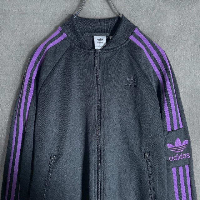 adidas(アディダス)の古着 アディダス adidas トレフォイルロゴトラックジャケット 黒×紫 L メンズのトップス(ジャージ)の商品写真