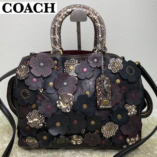 コーチ(COACH)の【レア♡美品】COACH ハンドバッグ ティーローズ がま口パース付 ブラック (ハンドバッグ)