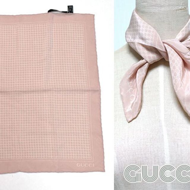Gucci(グッチ)のグッチ■美品　GG柄ロゴ入りシルクスカーフ　46cm　ピンク系　GUCCI レディースのファッション小物(バンダナ/スカーフ)の商品写真