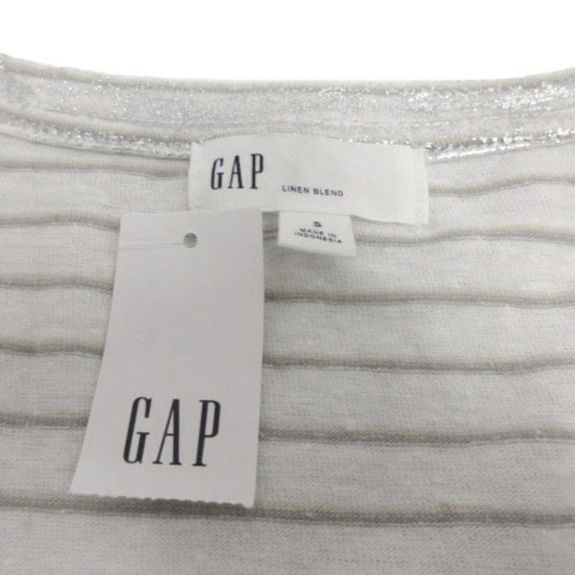 GAP(ギャップ)のGAP カットソー 半袖 Vネック ボーダー 白 シルバー ベージュ S レディースのトップス(カットソー(半袖/袖なし))の商品写真