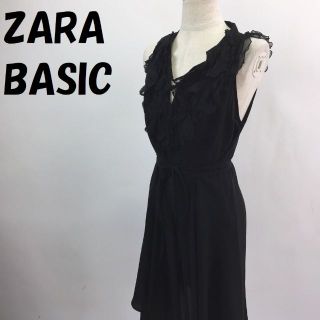 ザラ(ZARA)のザラベーシックノースリーブ ひざ丈 フレア ワンピース ブラック サイズM(ひざ丈ワンピース)