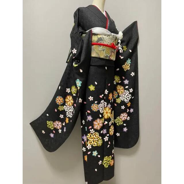 トールサイズ❣️京友禅金駒刺繍振袖【銀通し⭐️桜】ブラック 黒の