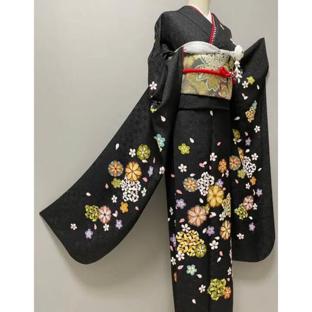 トールサイズ❣️京友禅金駒刺繍振袖【銀通し⭐️桜】ブラック 黒の