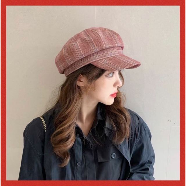 【新品・未使用】キャスケット　帽子　ワインレッド　赤　チェック　レディース レディースの帽子(キャスケット)の商品写真