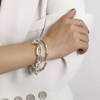 B010 silver chain ＆ wood bracelet (ブレスレット/バングル)