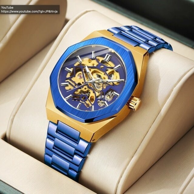 新品 送料無料 3D フルスケルトン 自動巻き 機械式 メンズ 腕時計 ブルー