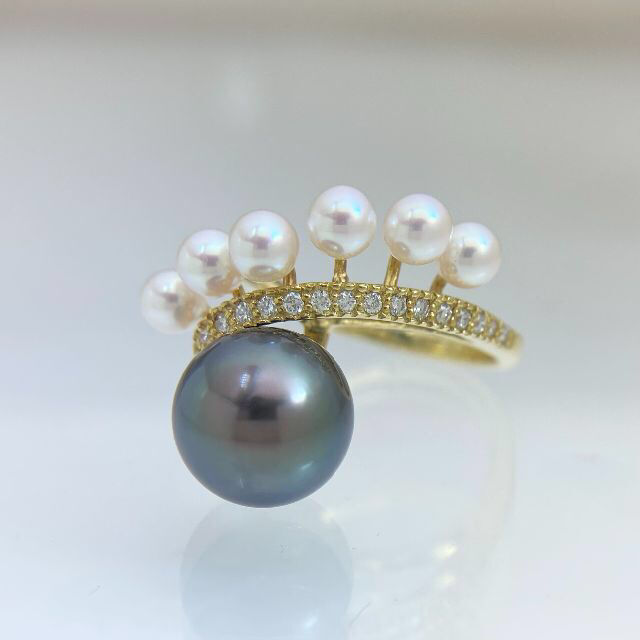 新品 タヒチ アコヤ 真珠 ダイヤ リング 10mm K18