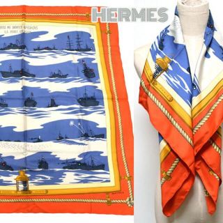 エルメス(Hermes)のHERMES■夜の海に光る航路灯 大判シルクスカーフ　エルメス　オレンジ(バンダナ/スカーフ)