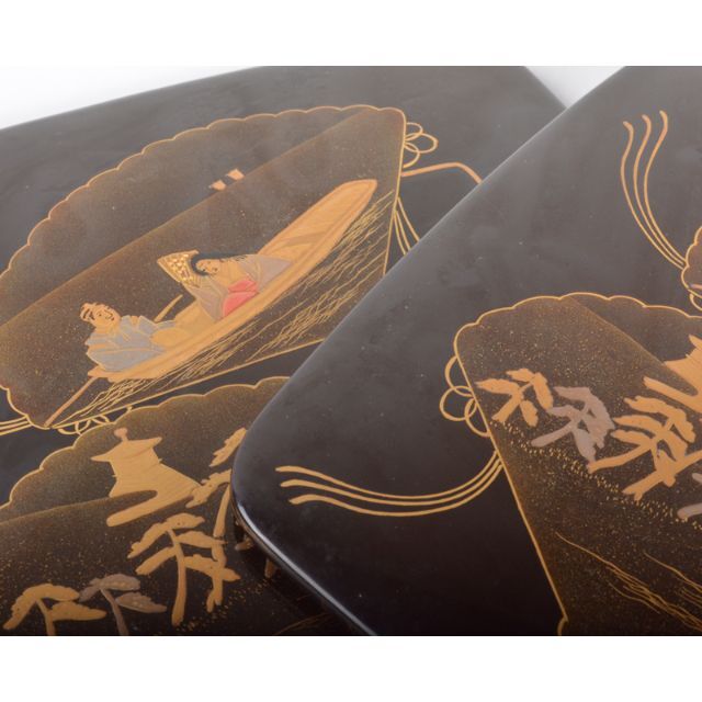 時代漆塗 山水人物螺鈿蒔絵 四段六五重箱 時代箱付 V R4269Cの