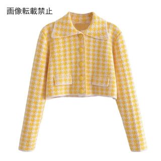 ZARA - 🧥2月新作👠7524◇yellow イエロー 千鳥柄 ニット カーディガン