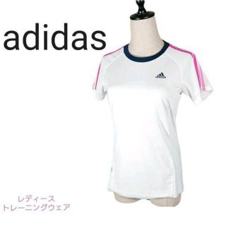 アディダス(adidas)のadidas トレーニングウェア半袖 ホワイト ラインピンク M レディース(Tシャツ(半袖/袖なし))