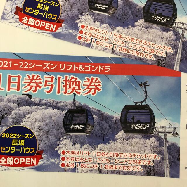 野沢温泉スキー場 リフト券 リフト&ゴンドラ１日引換券 ２枚セット