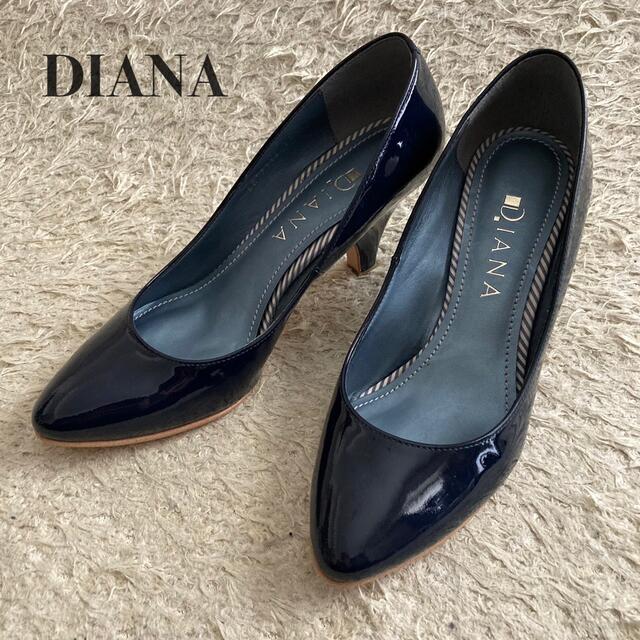 【美品】DIANA エナメルパンプス チャンキーヒール ネイビー 23.5cm