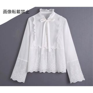 ザラ(ZARA)の🧥2月新作👠7527◆white レース リボン ブラウス(シャツ/ブラウス(長袖/七分))