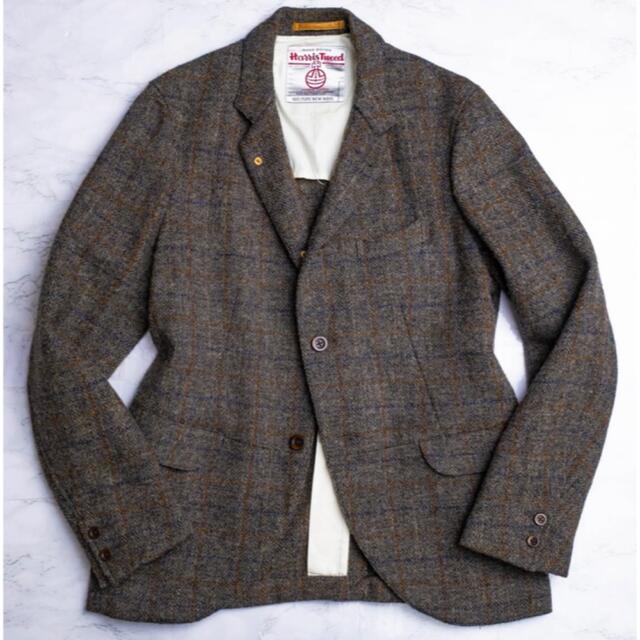 BEAMS ×ハリスツイード チェックツイード テーラードジャケット グレー