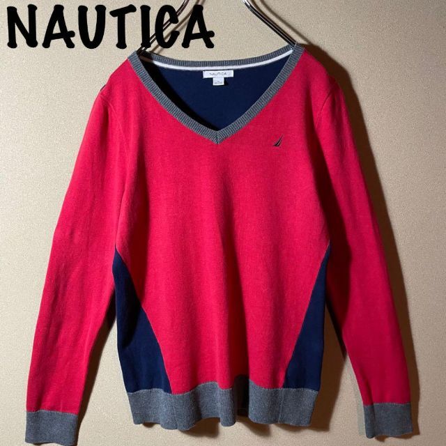 【NAUTICA】アメリカ直輸入❗️ニット　トリコカラー　赤　ネイビー　レトロ