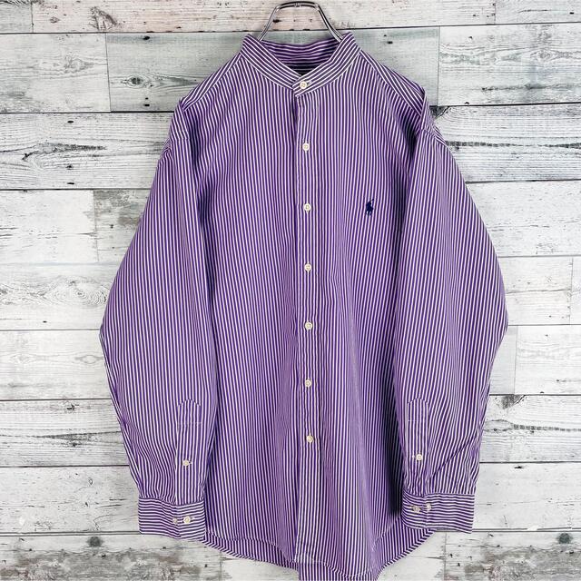 Ralph Lauren(ラルフローレン)の【希少】ラルフローレン 刺繍 90s 長袖 ノーカラーシャツ ストライプ 紫白 メンズのトップス(シャツ)の商品写真