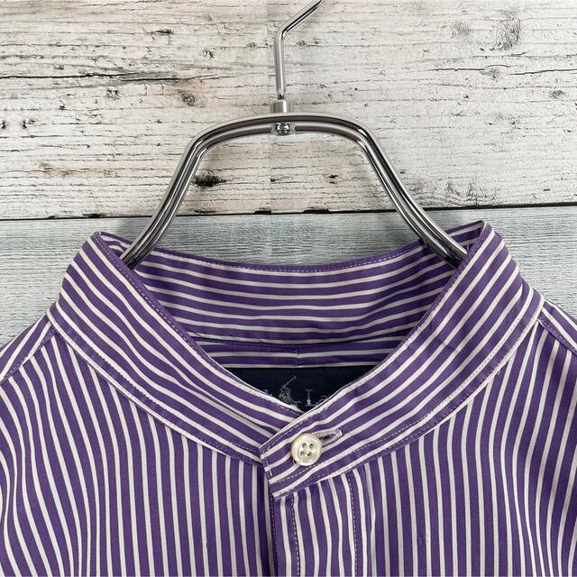 【希少】ラルフローレン 刺繍 90s 長袖 ノーカラーシャツ ストライプ 紫白