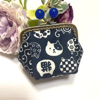 ☆ ハンドメイド　P179☆ 猫顔 唐草模様 がま口ポーチ　がま口財布(財布)