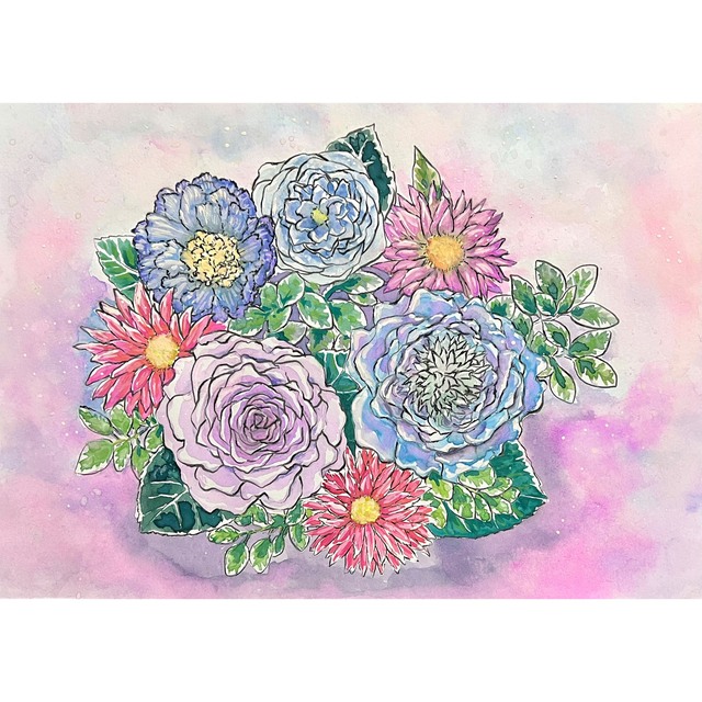 春のお花の花束　A4サイズ　水彩画 エンタメ/ホビーの美術品/アンティーク(絵画/タペストリー)の商品写真