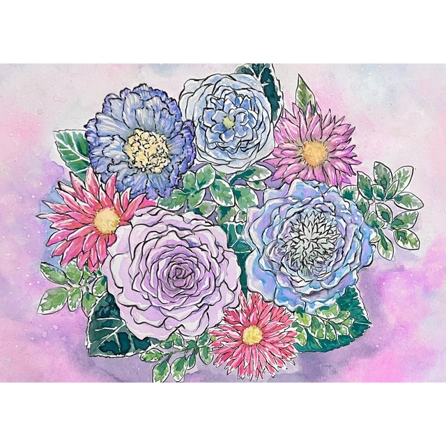 春のお花の花束　A4サイズ　水彩画 エンタメ/ホビーの美術品/アンティーク(絵画/タペストリー)の商品写真