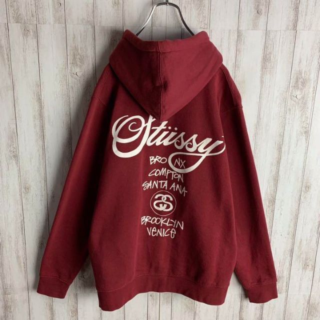 【即完売】stussy ステューシー　センター刺繍ロゴ　裏起毛　ボルドー　M