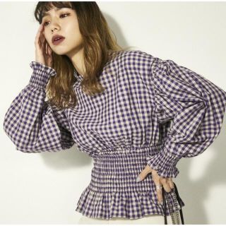 GINGHAM CHECK SHRRING TOPS／ラグアジェム(シャツ/ブラウス(長袖/七分))