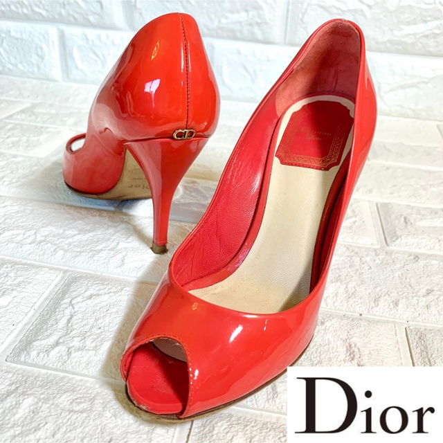 ディオールChristian Dior ディオール　バックロゴ　オープントゥパンプス　赤