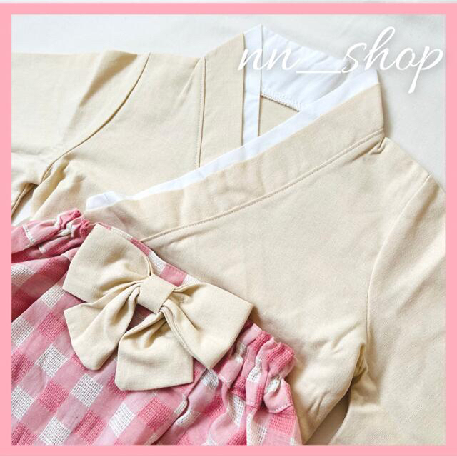 ＊新品＊   シンプルベビー袴　アイボリー＊ピンクチェック　70 キッズ/ベビー/マタニティのベビー服(~85cm)(和服/着物)の商品写真