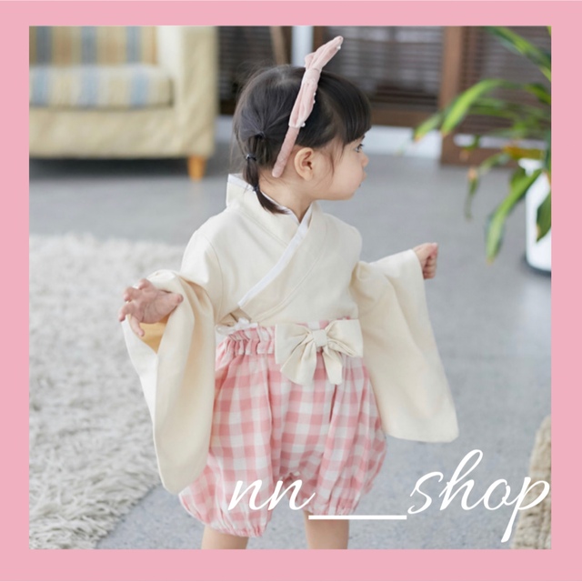 ＊新品＊   シンプルベビー袴　アイボリー＊ピンクチェック　70 キッズ/ベビー/マタニティのベビー服(~85cm)(和服/着物)の商品写真