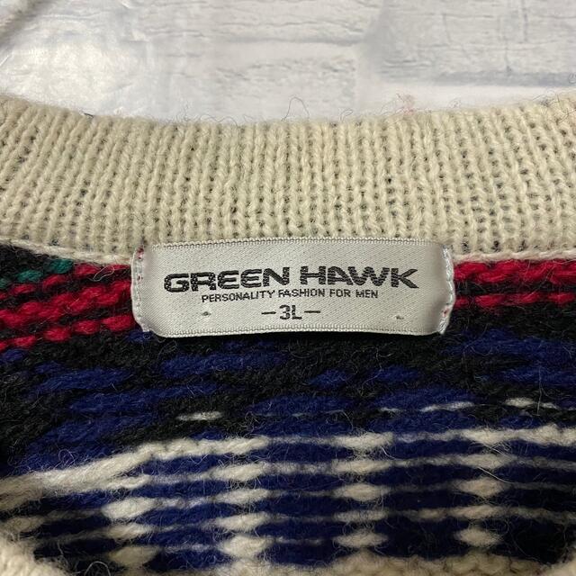 【良配色】GREEN HAWK ニット セーター 総柄　肉厚　毛100% 3L メンズのトップス(ニット/セーター)の商品写真