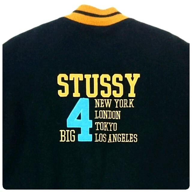 90s STUSSYステューシー BIG4 袖レザー スタジャン 紺タグ S