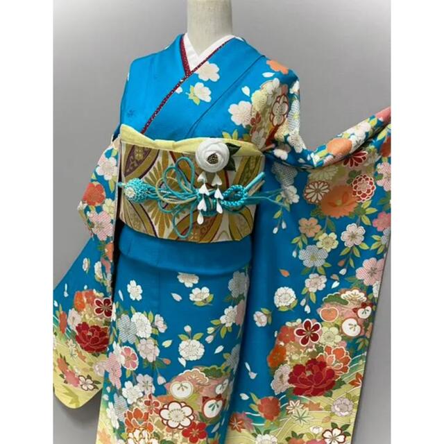 京友禅振袖❣️【金駒刺繍⭐️八重桜に吉祥花】ターコイズブルー×イエロー 青 黄色
