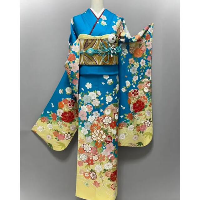 京友禅振袖❣️【金駒刺繍⭐️八重桜に吉祥花】ターコイズブルー×イエロー 青 黄色