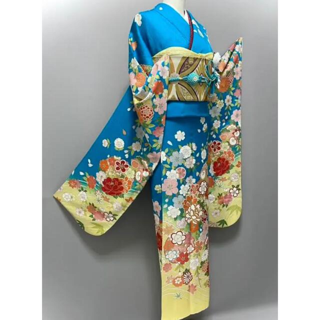 京友禅振袖❣️【金駒刺繍⭐️八重桜に吉祥花】ターコイズブルー×イエロー 青 黄色