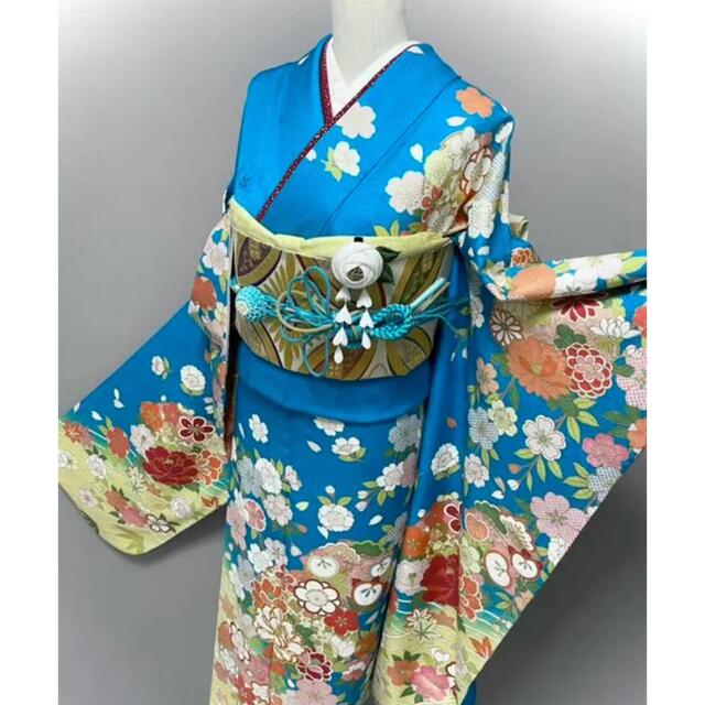 京友禅振袖❣️【金駒刺繍⭐️八重桜に吉祥花】ターコイズブルー×イエロー 青 黄色