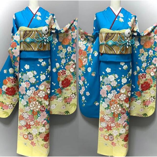 京友禅振袖❣️【金駒刺繍⭐️八重桜に吉祥花】ターコイズブルー 京友禅振袖❣️【金駒刺繍⭐️八重桜に吉祥花】ターコイズブルー
