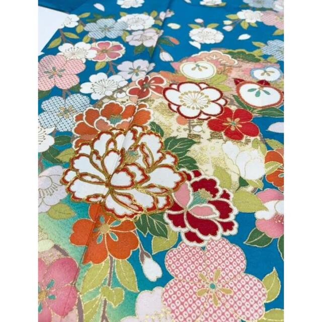 京友禅振袖❣️【金駒刺繍⭐️八重桜に吉祥花】ターコイズブルー×イエロー 青 黄色