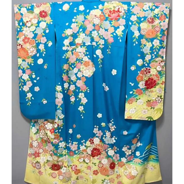 京友禅振袖❣️【金駒刺繍⭐️八重桜に吉祥花】ターコイズブルー×イエロー 青 黄色
