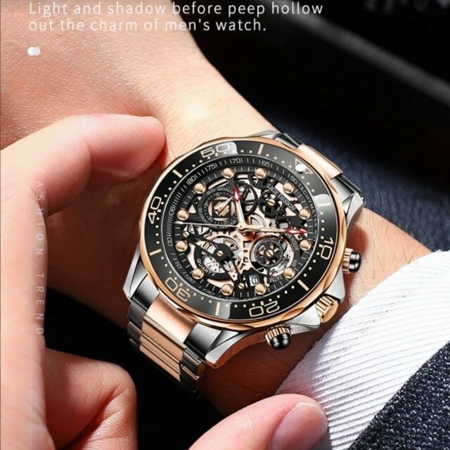 新品 LIGE スケルトンクロノグラフ クォーツ ラグジュアリー 腕時計 コンビ