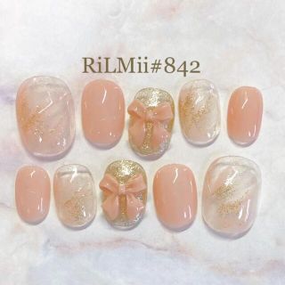 RiLMii#842コーラルピンク×リボン／ニュアンスネイルチップ