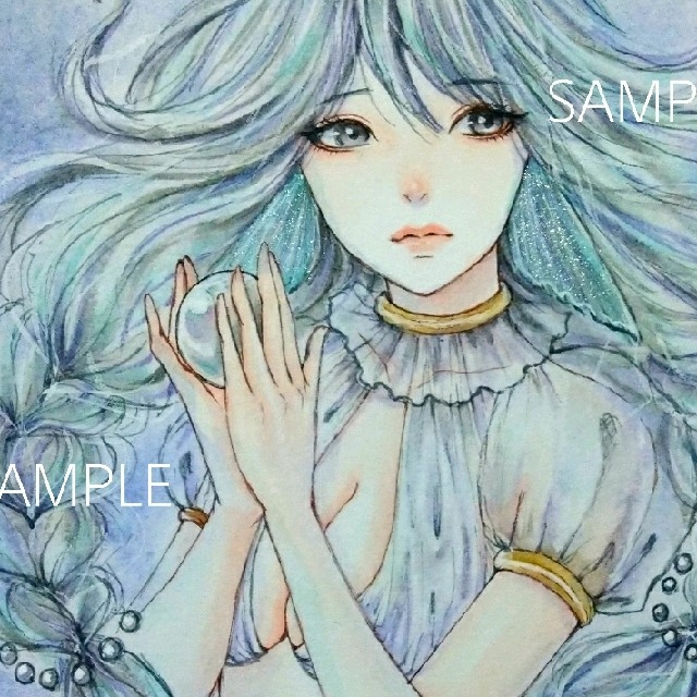 絵画/タペストリー専用　手描きイラスト　真珠人魚　オリジナル　水彩画