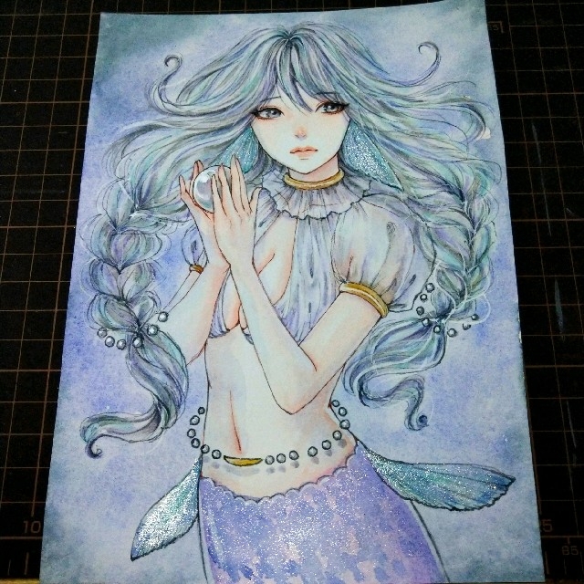 激安公式店 専用 手描きイラスト 真珠人魚 オリジナル 水彩画 絵画