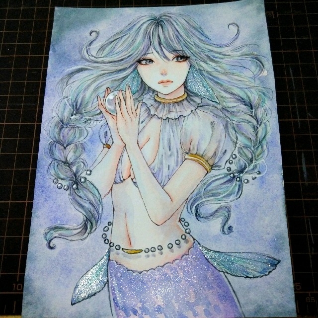 専用 手描きイラスト 真珠人魚 オリジナル 水彩画 通販 限定商品 美術品/アンティーク